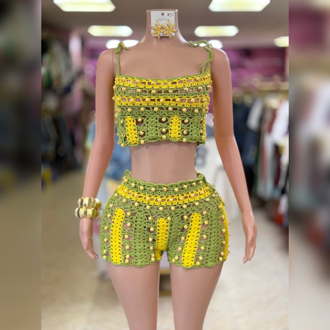 Green & Yellow Crochet Beaded Two-Piece Set – $35