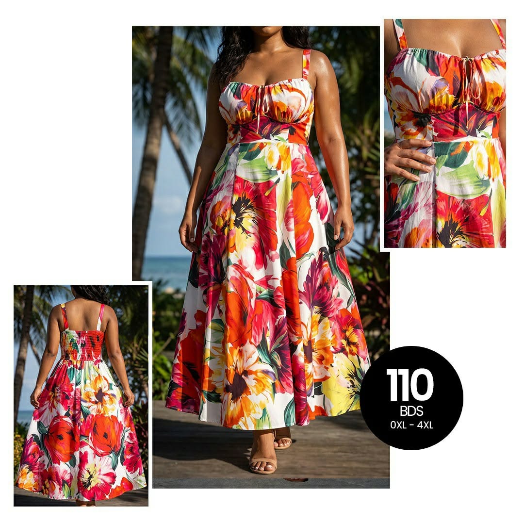 Floral Flare Milkmaid Maxi Dress – BDS $110 | Sizes 0XL–4XL