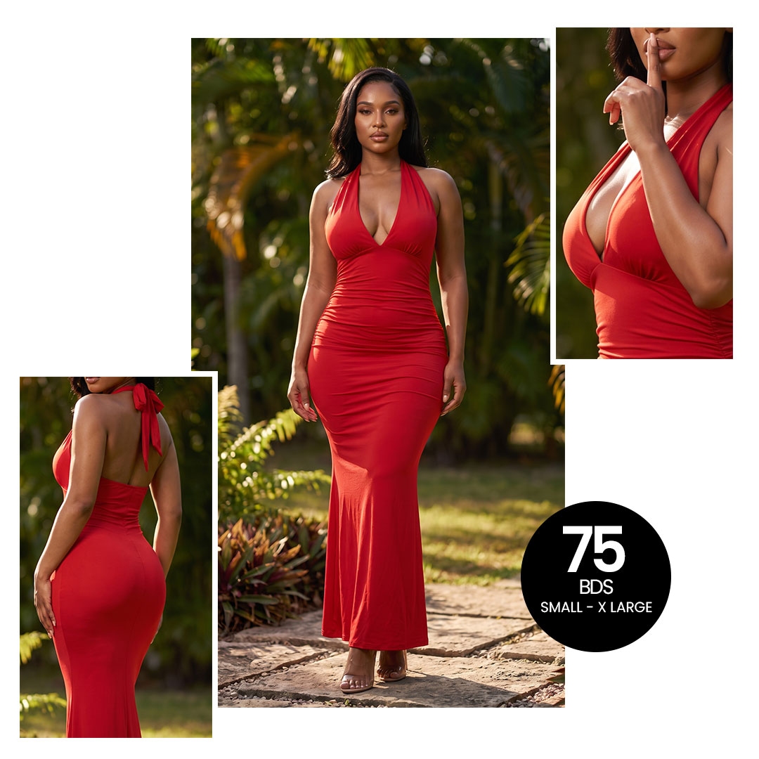 Red Halter Neck Slim Fit Maxi Dress – BDS $75
