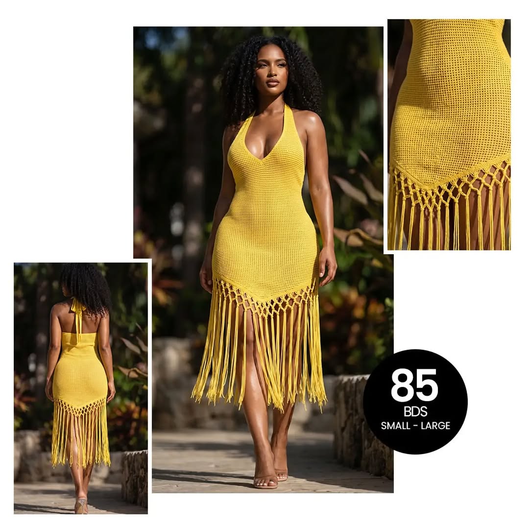 Yellow Crochet Fringe Dress – $85 BDS (Small–Large)