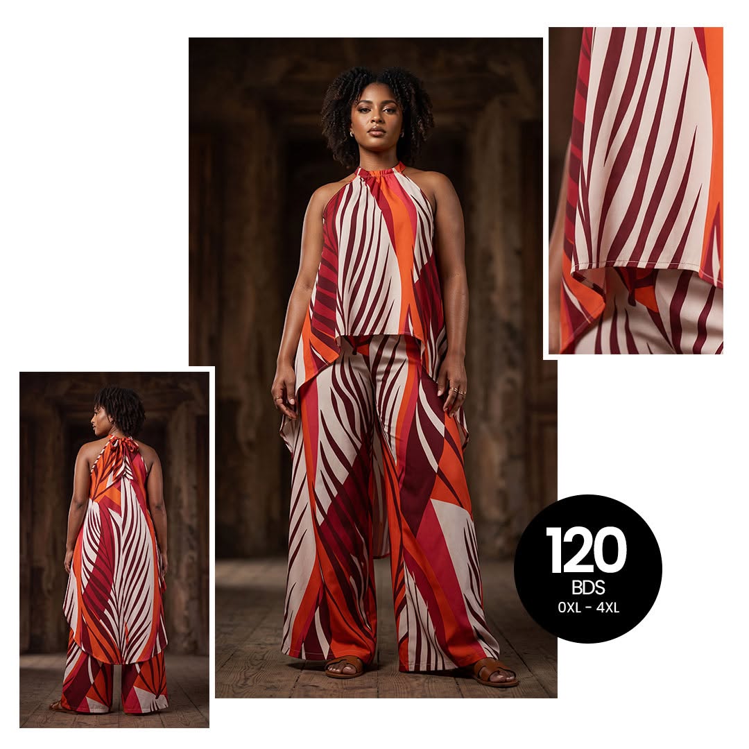 High-Neck Halter & Wide-Leg Pants Set – $120 BDS | Sizes 0XL–4XL