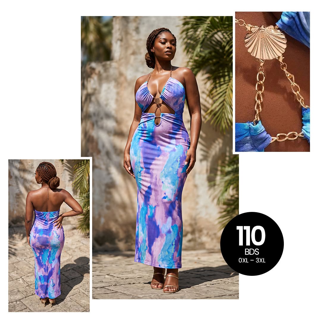 Tie-Dye Cut-Out Maxi Dress – BDS $110 (Sizes 0XL–3XL)