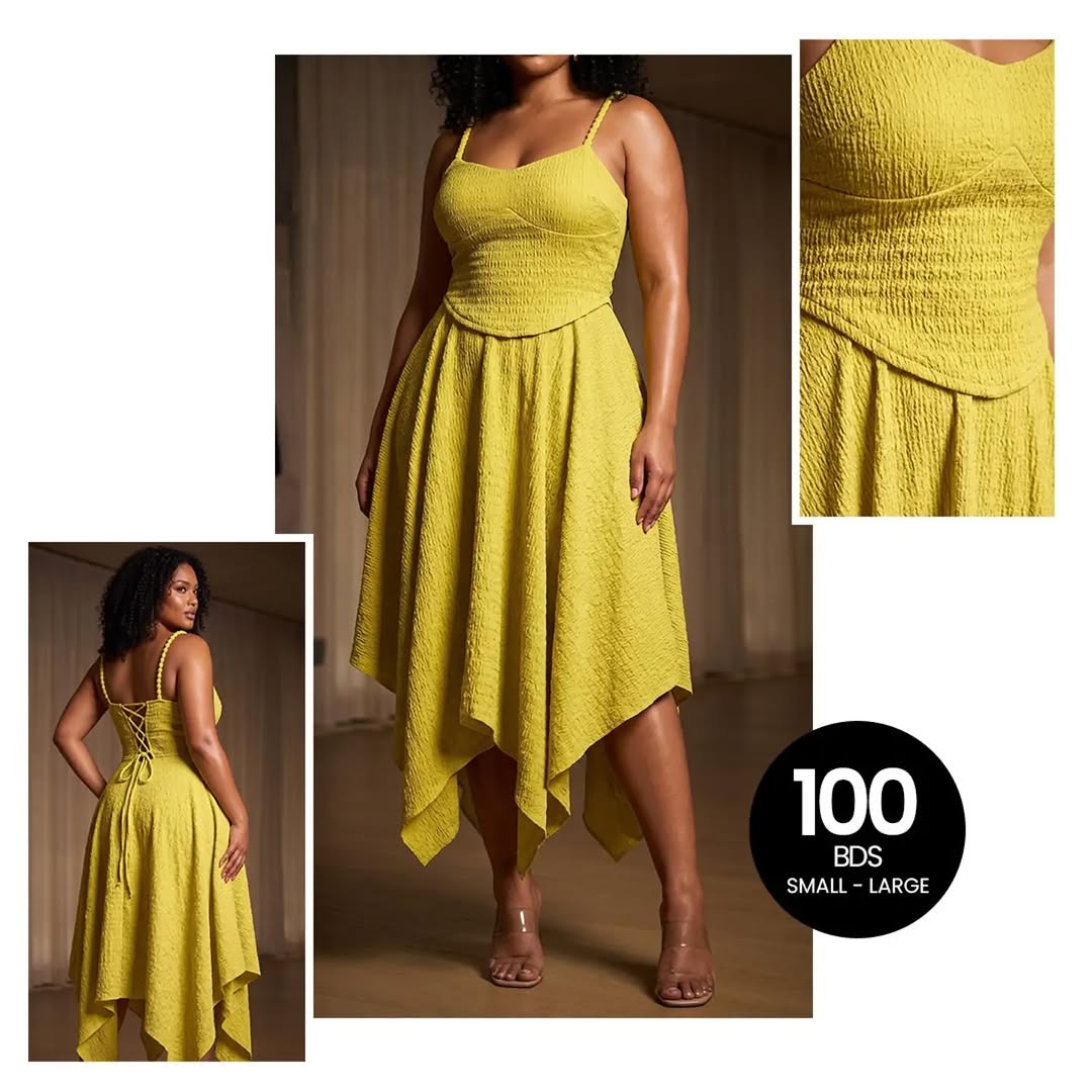 Yellow Asymmetric Midi Dress – 100 BDS (Small–Large)