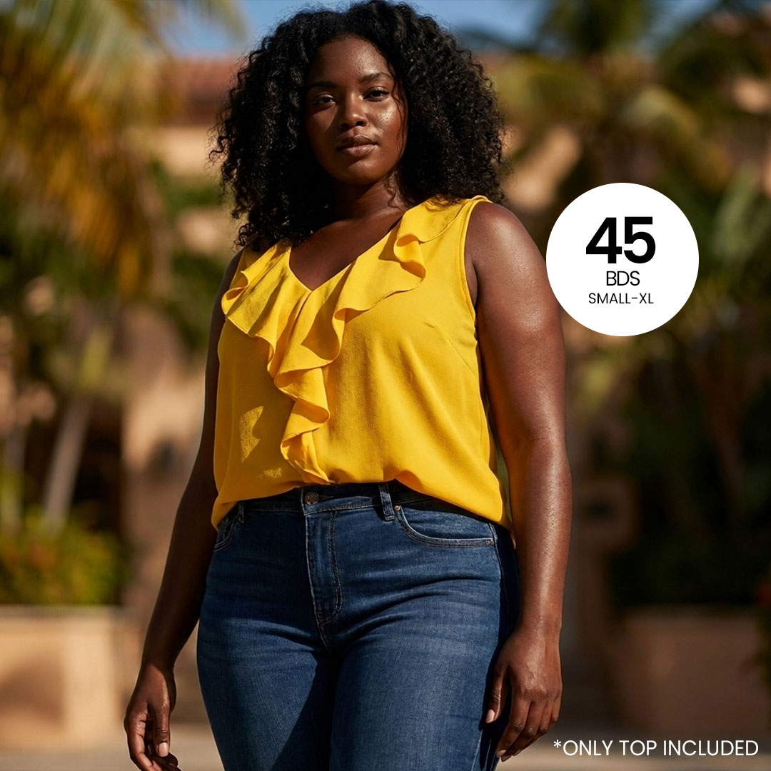Yellow Ruffle Sleeveless Top – BDS $45 (Sizes S–XL)