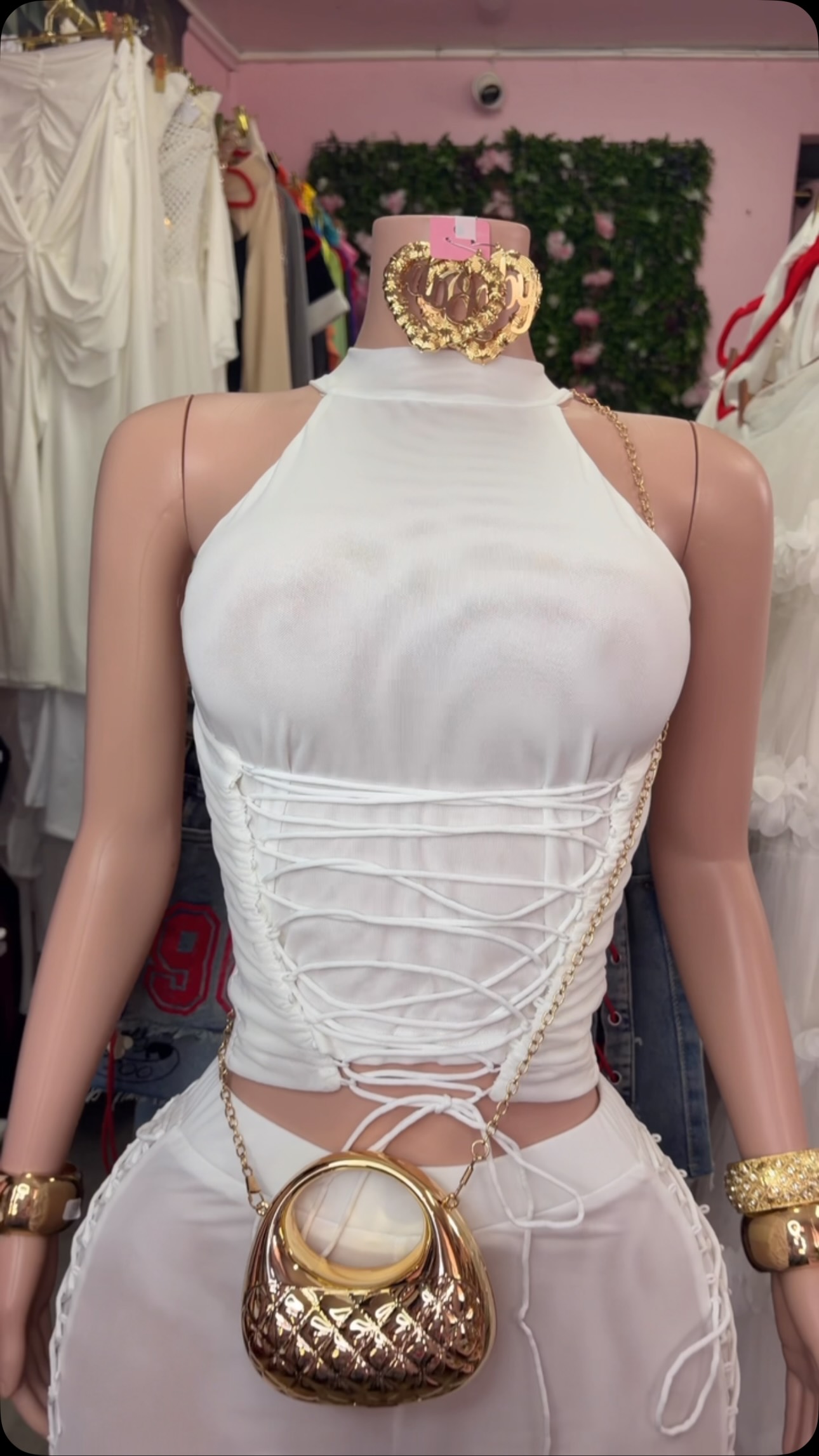 Skye High Neck White Capri Lace Up Set – $150
