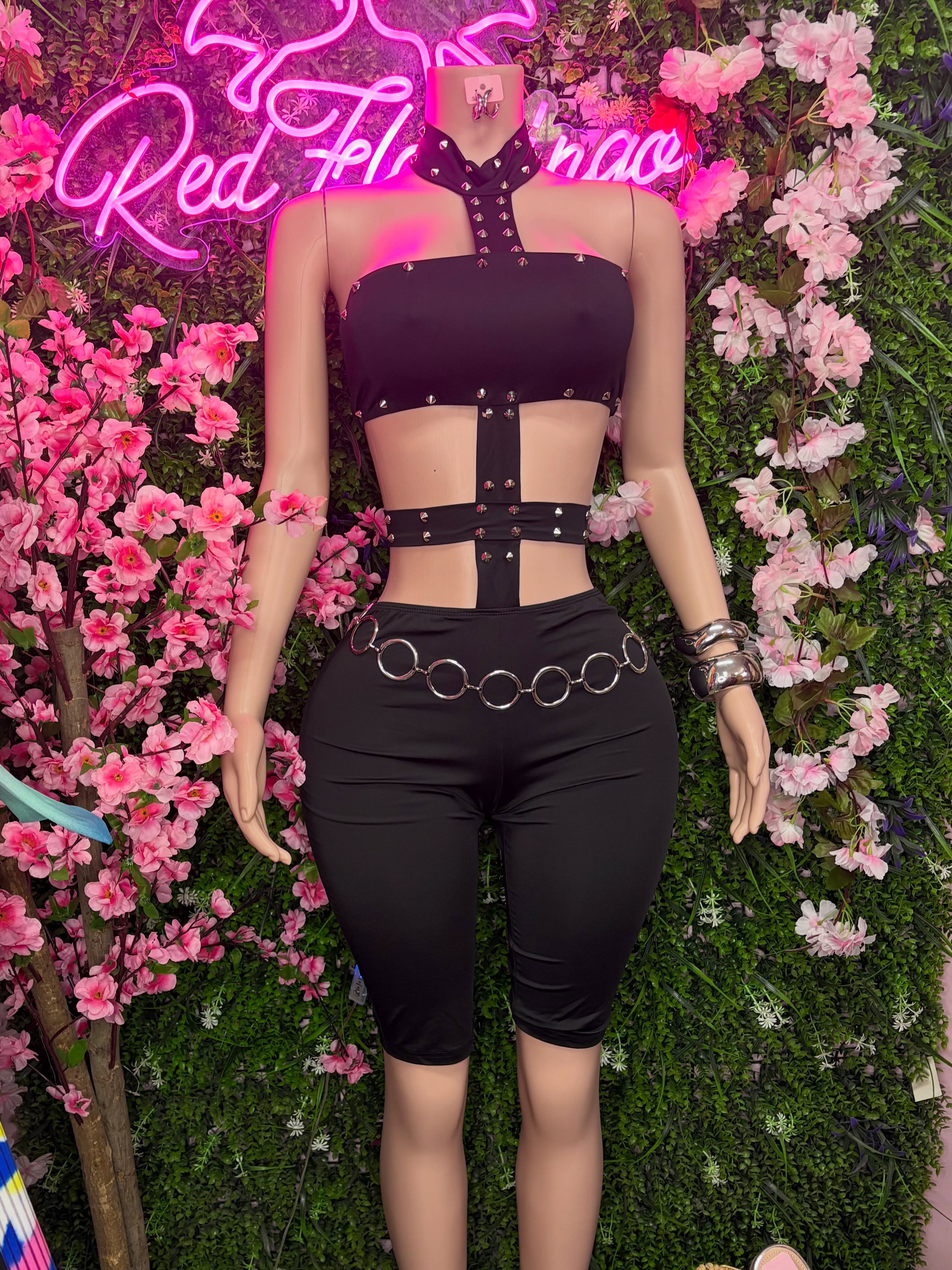 Dolly Black Studded Capris Romper – $130