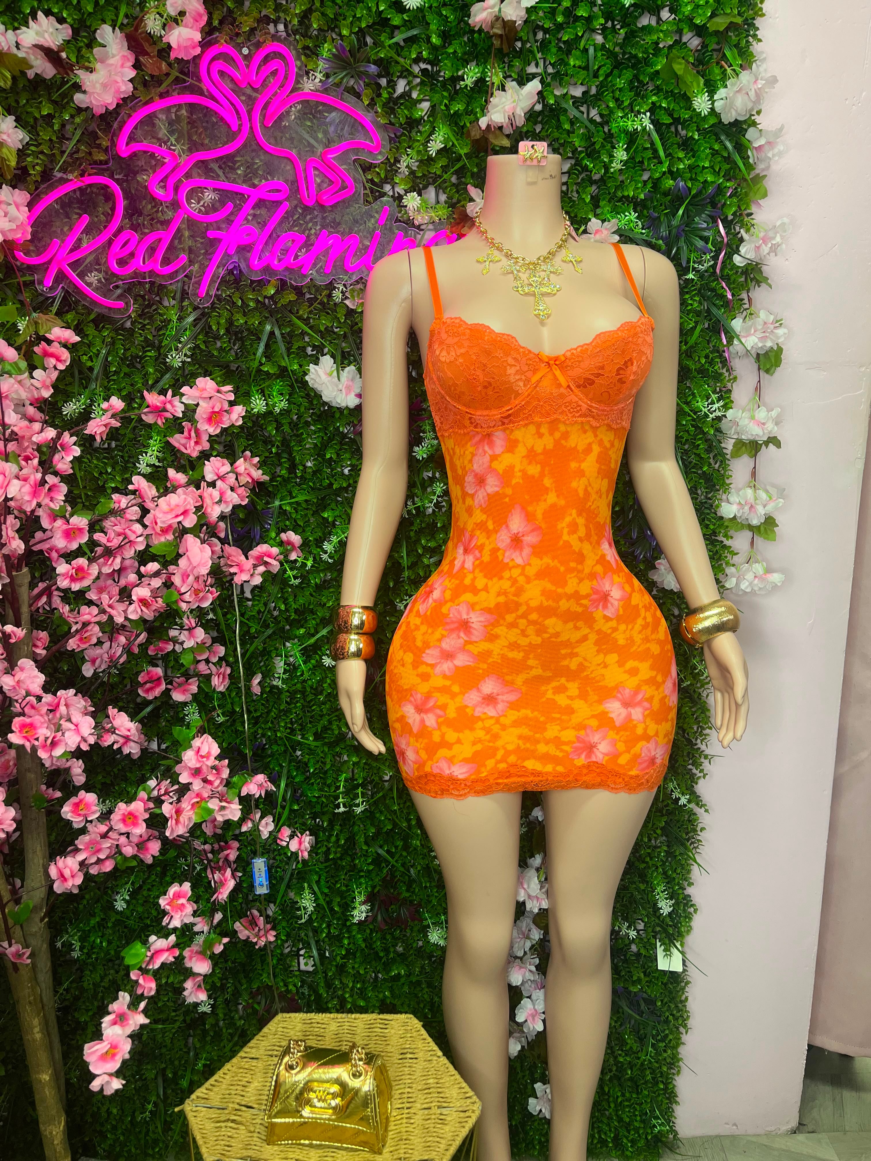 Dearra Orange Mini Lace Dress – $75 at Red Flamingo