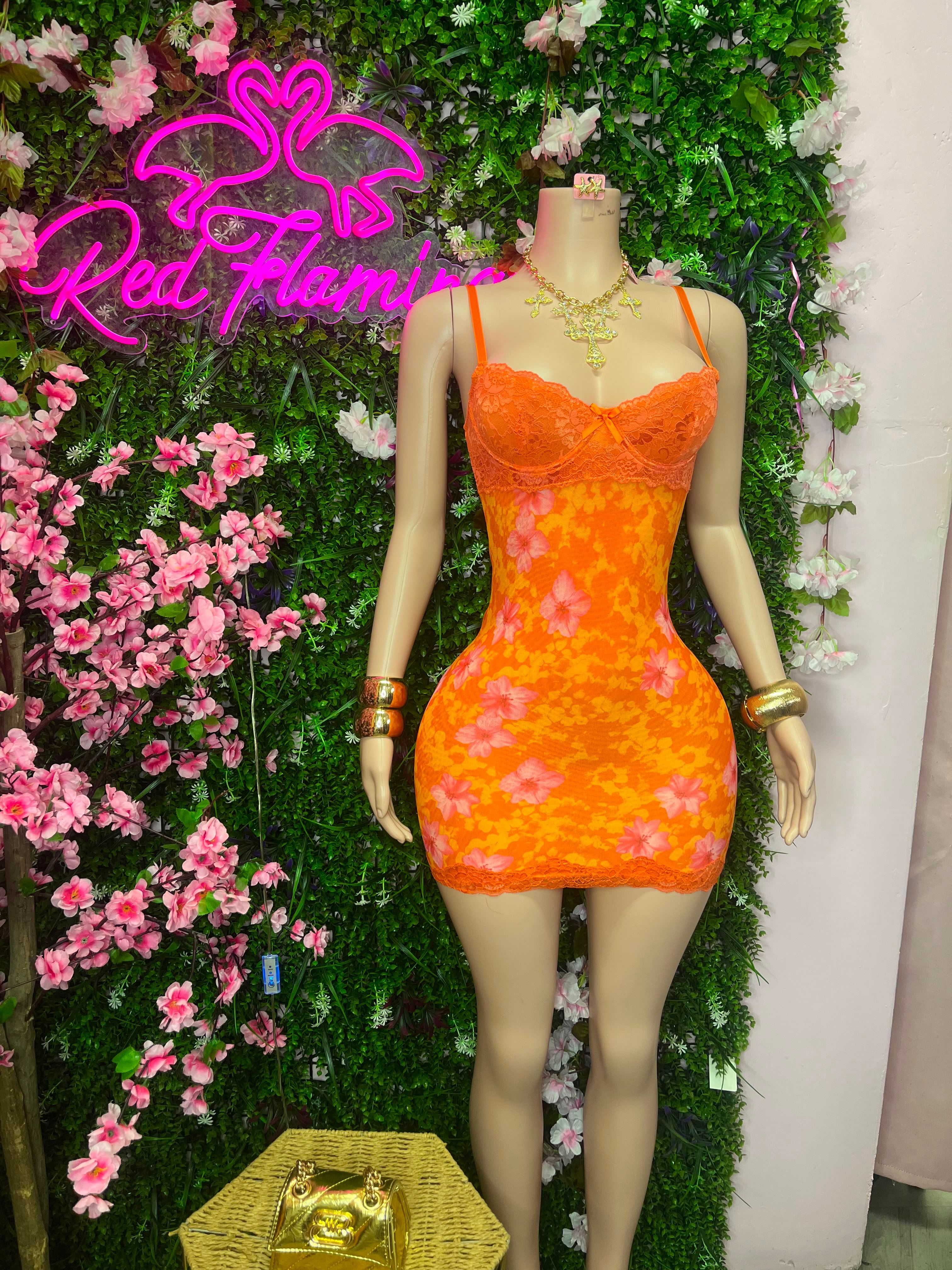 Dearra Orange Mini Lace Dress – $75 at Red Flamingo