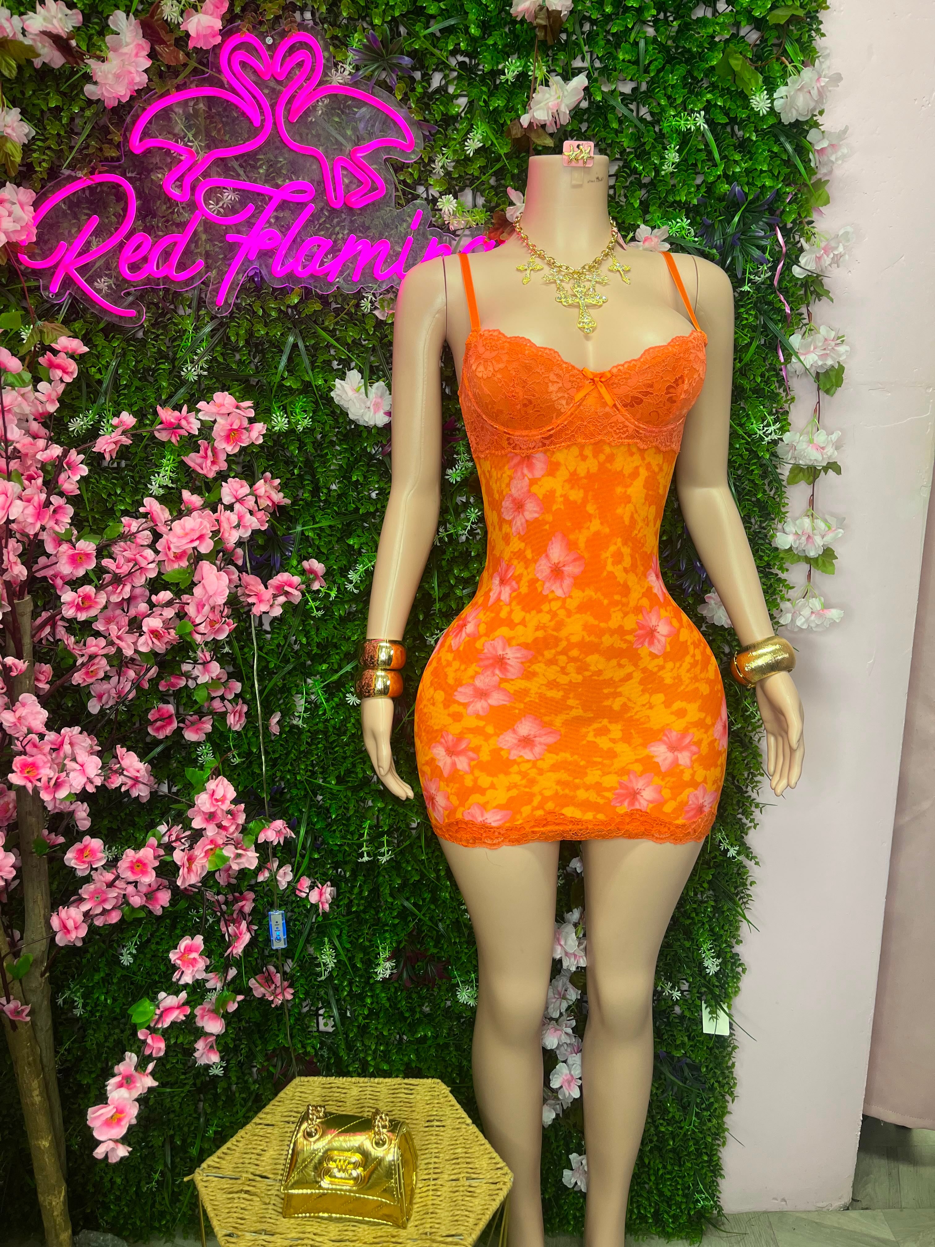 Dearra Orange Mini Lace Dress – $75 at Red Flamingo