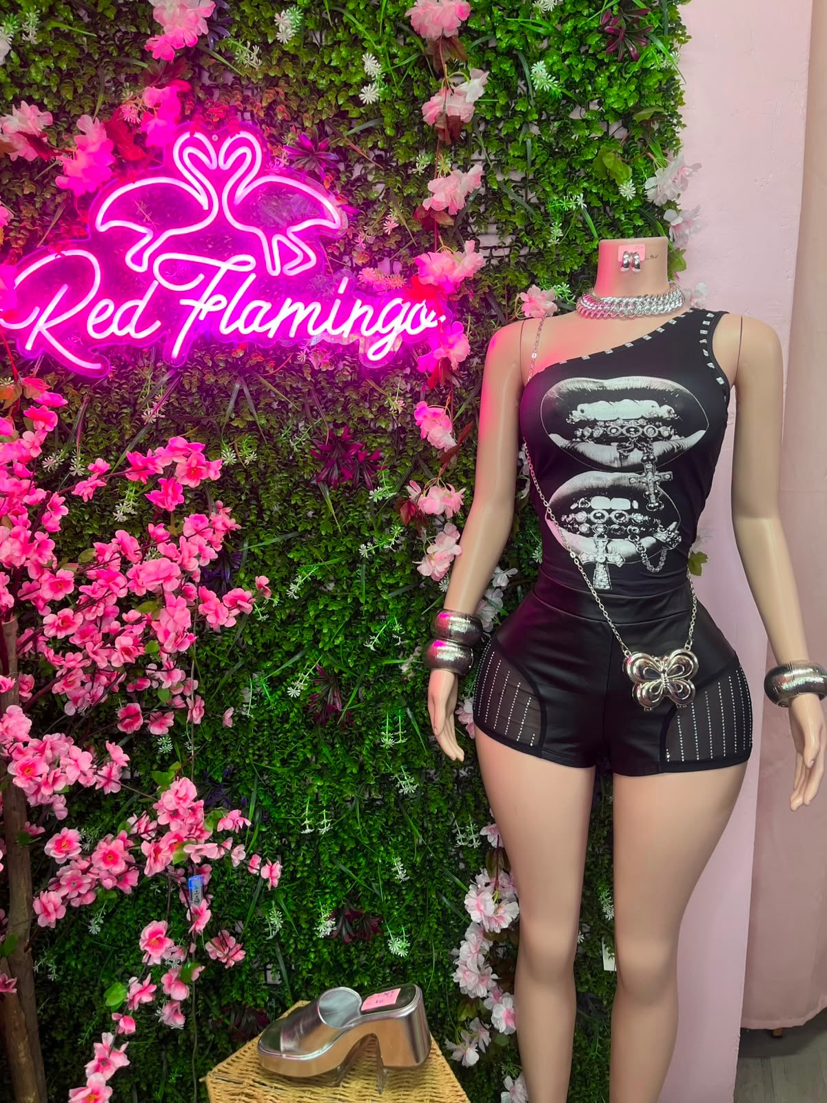 Xyla Black One Shoulder Cropped Top & Via Black Leather Rhinestone Shorts – In Store & Delivery