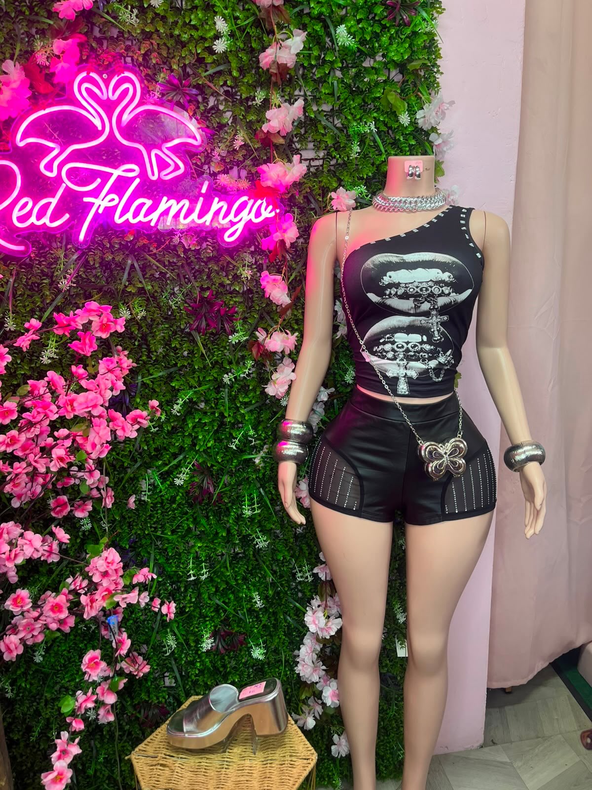 Xyla Black One Shoulder Cropped Top & Via Black Leather Rhinestone Shorts – In Store & Delivery