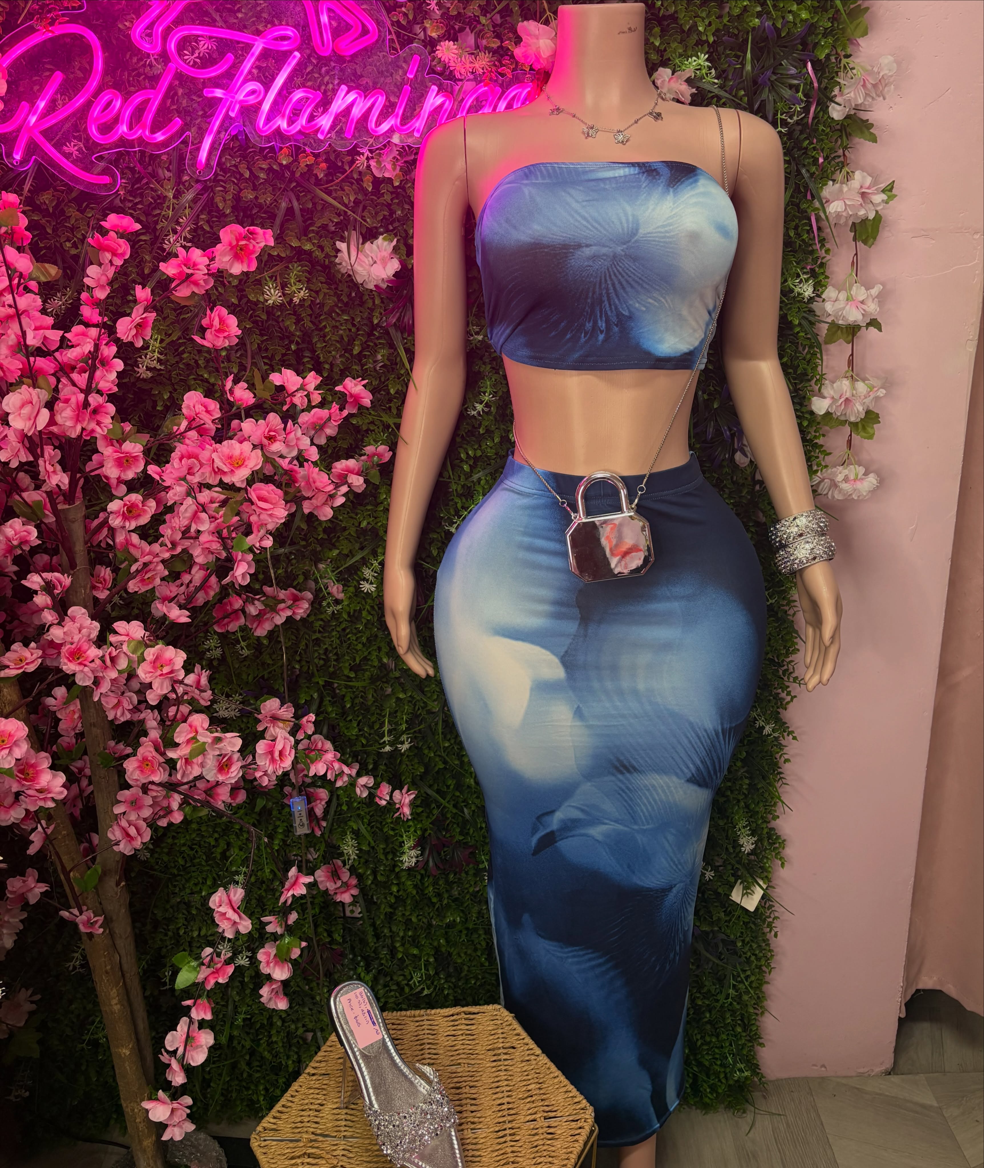 Zayra Black & Blue Straight Skirt Set – $80