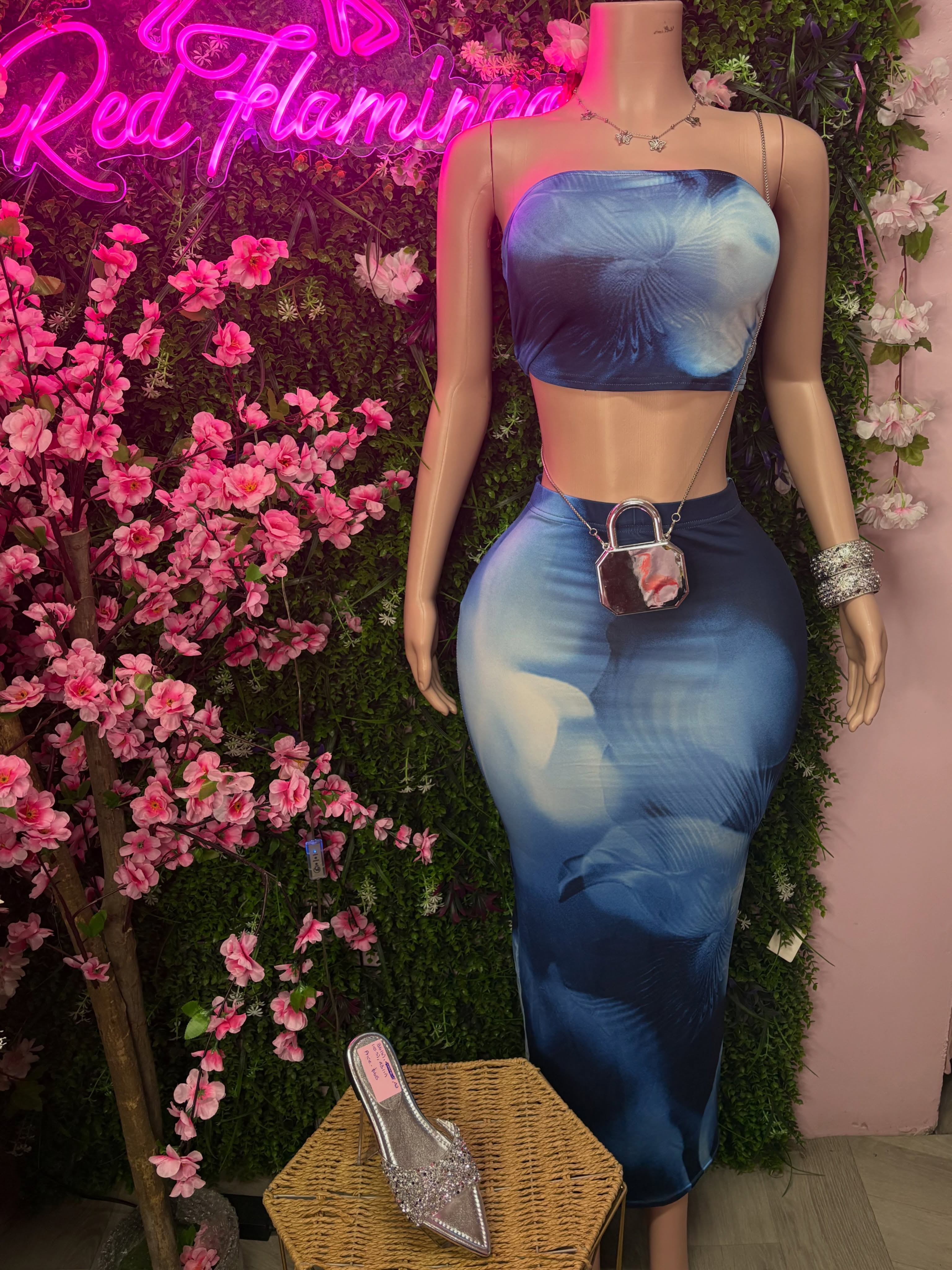 Zayra Black & Blue Straight Skirt Set – $80