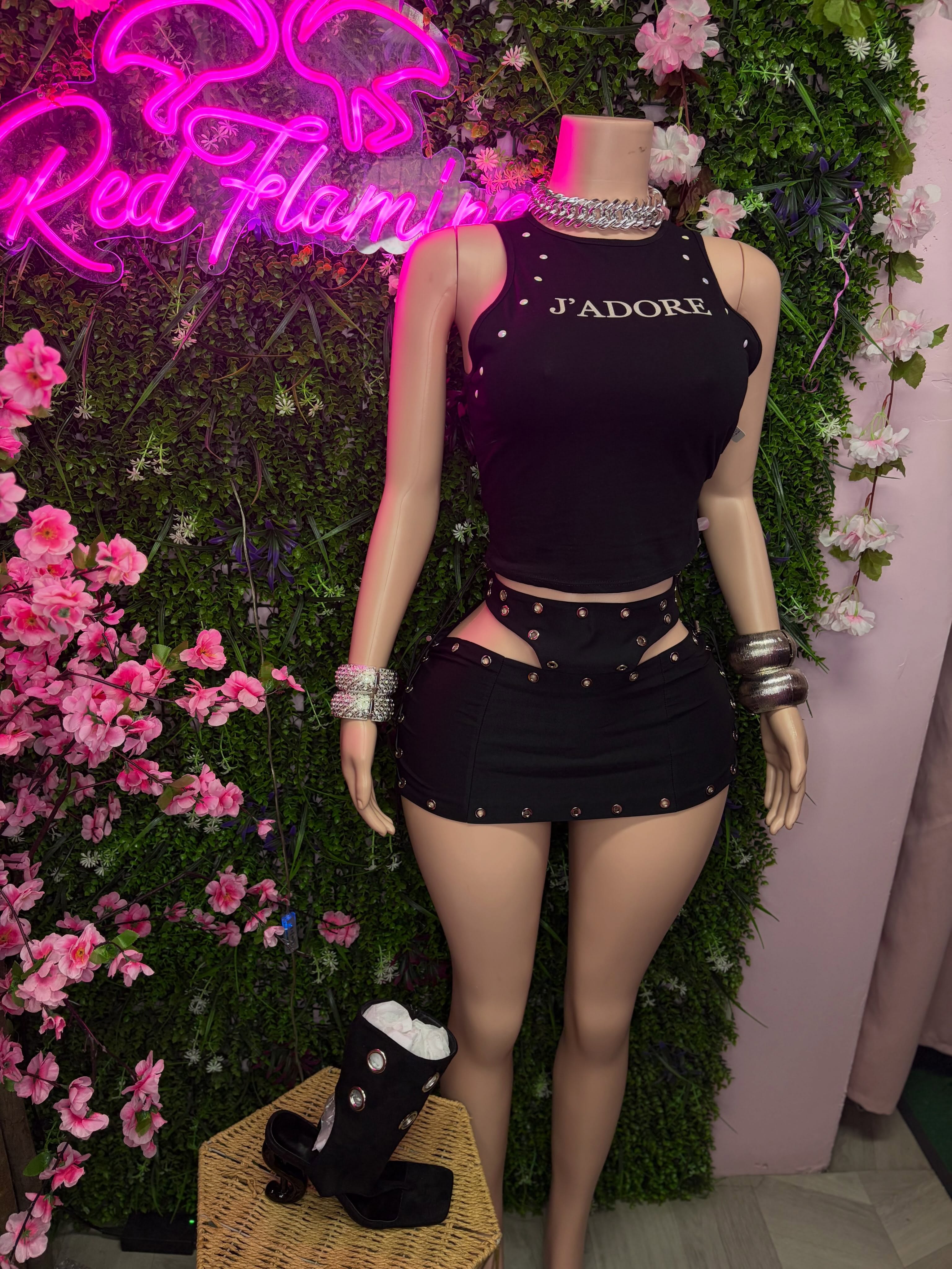 Black Eyelet Mini Skirt $75 & J'adore Studded Tank Top $55