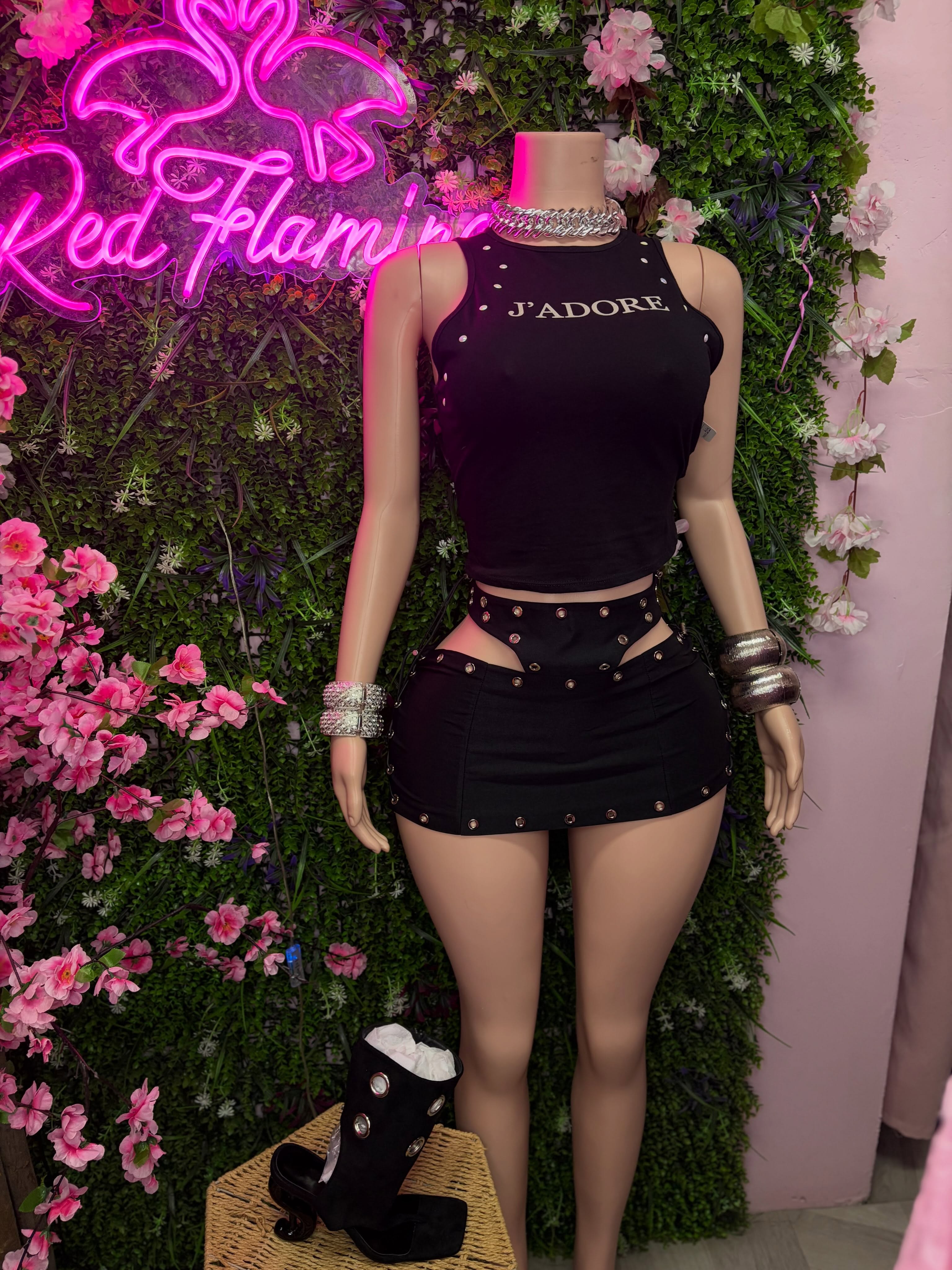 Black Eyelet Mini Skirt $75 & J'adore Studded Tank Top $55