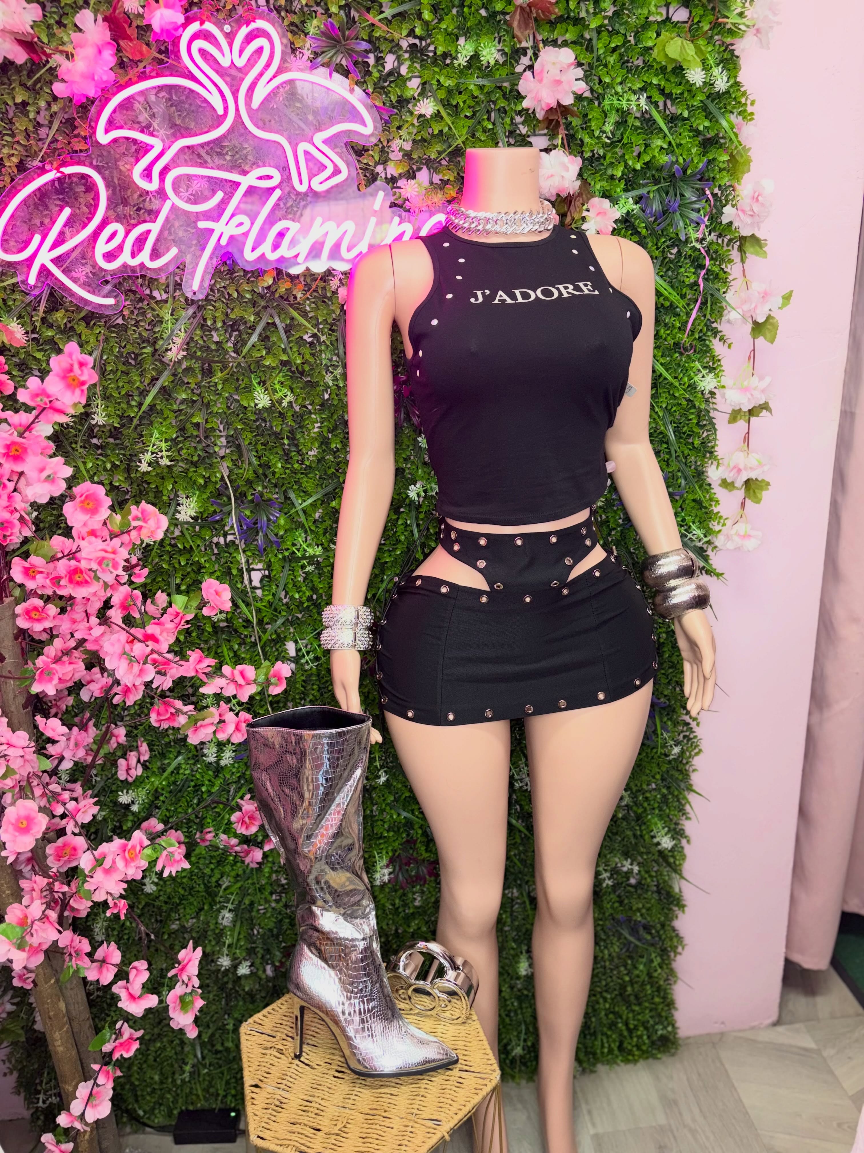 Black Eyelet Mini Skirt $75 & J'adore Studded Tank Top $55