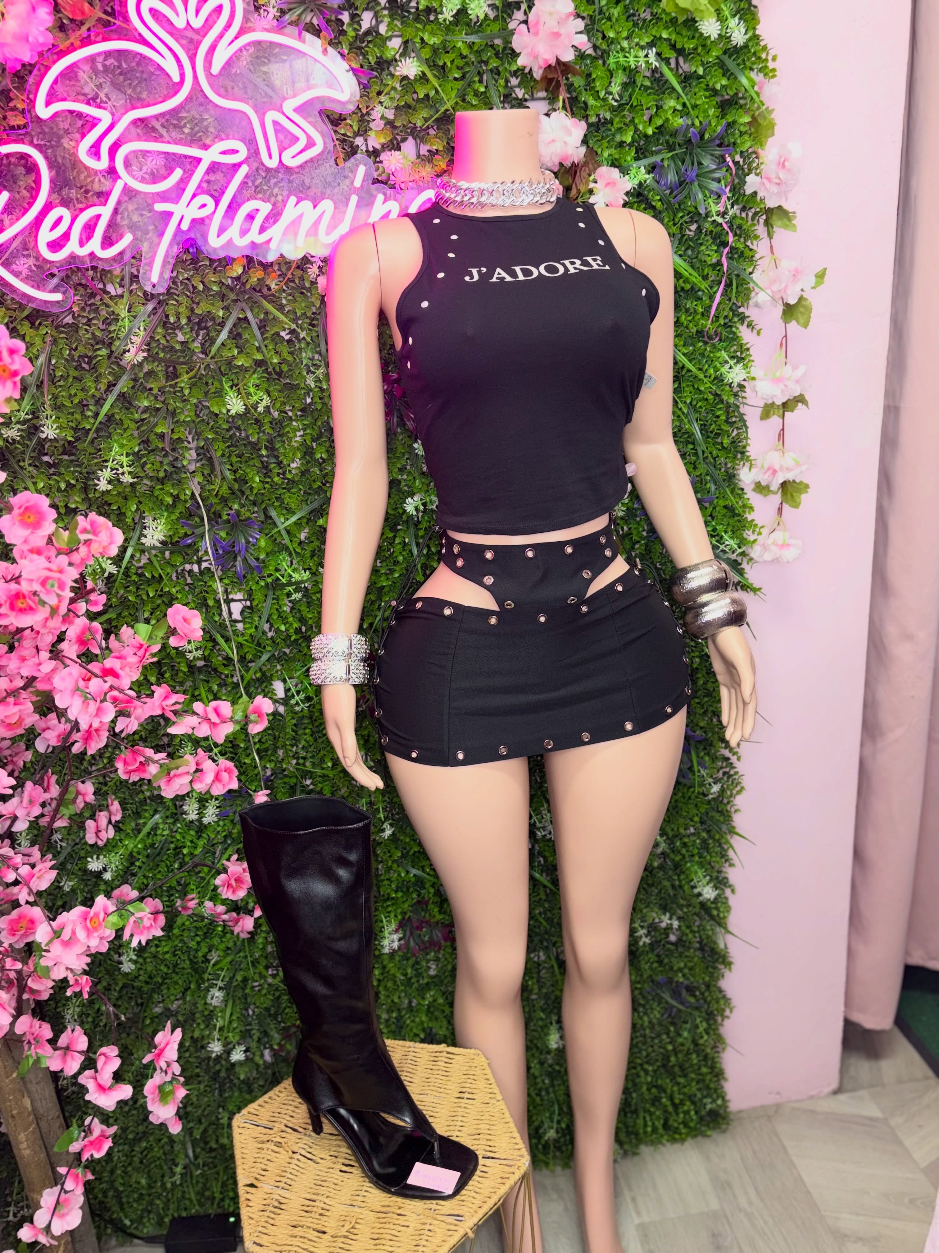 Black Eyelet Mini Skirt $75 & J'adore Studded Tank Top $55