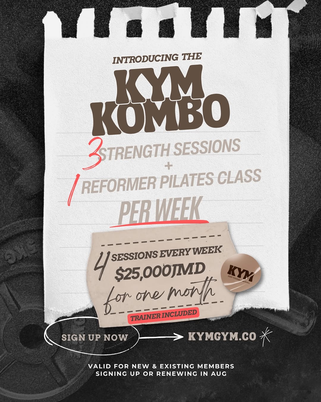 KYM Kombo – 3 Strength Sessions + 1 Reformer Pilates Class/Week for JMD $25,000/Month