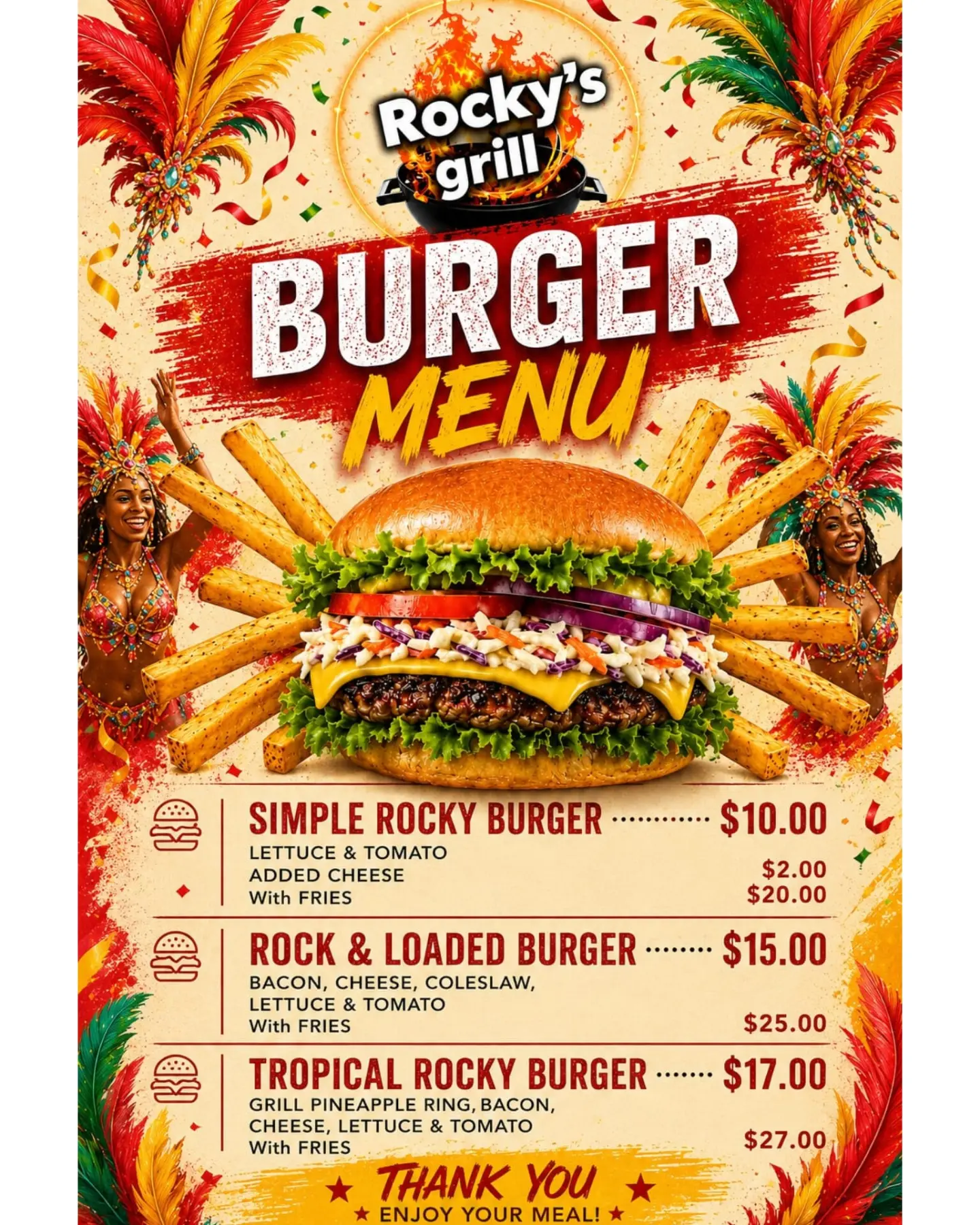 Rocky's Grill Burger Menu – Prices from $10
