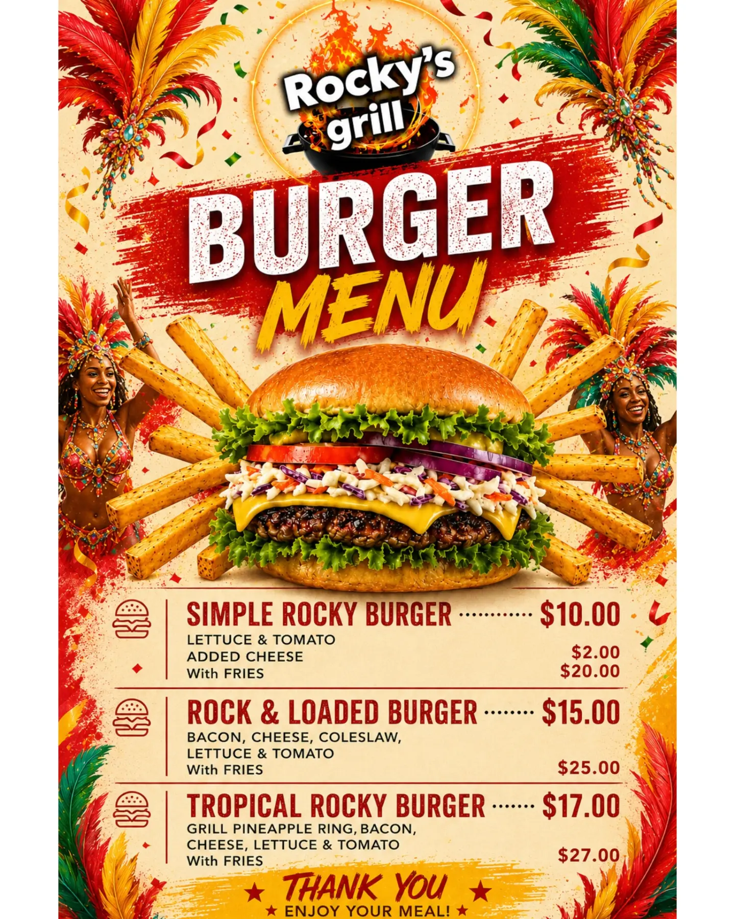 Rocky's Grill Burger Menu — Prices from $10