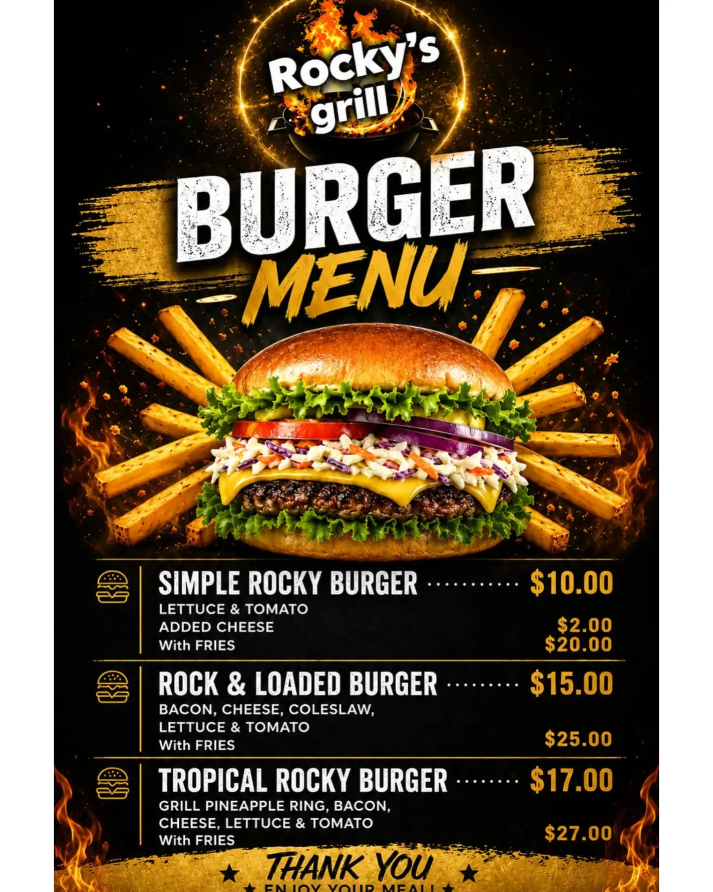 Rocky's Grill Burger Menu — Prices from $10