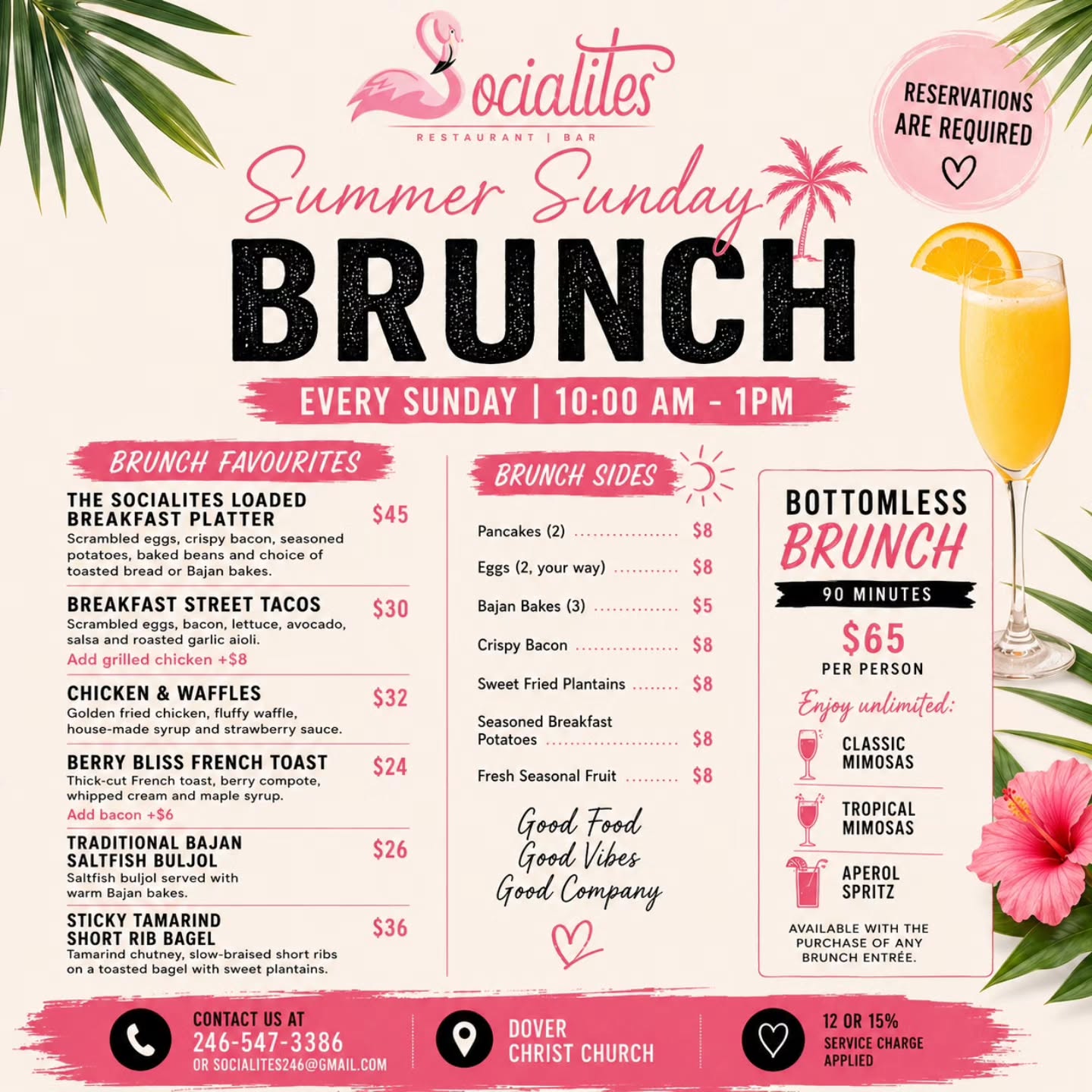 Summer Sunday Brunch with Bottomless Mimosas – $65 per person