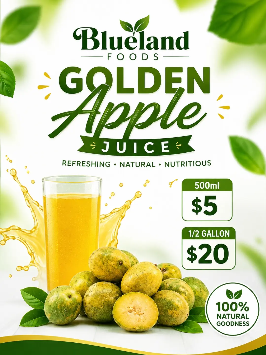Blueland Foods Golden Apple Juice – 500ml $5 | ½ Gallon $20
