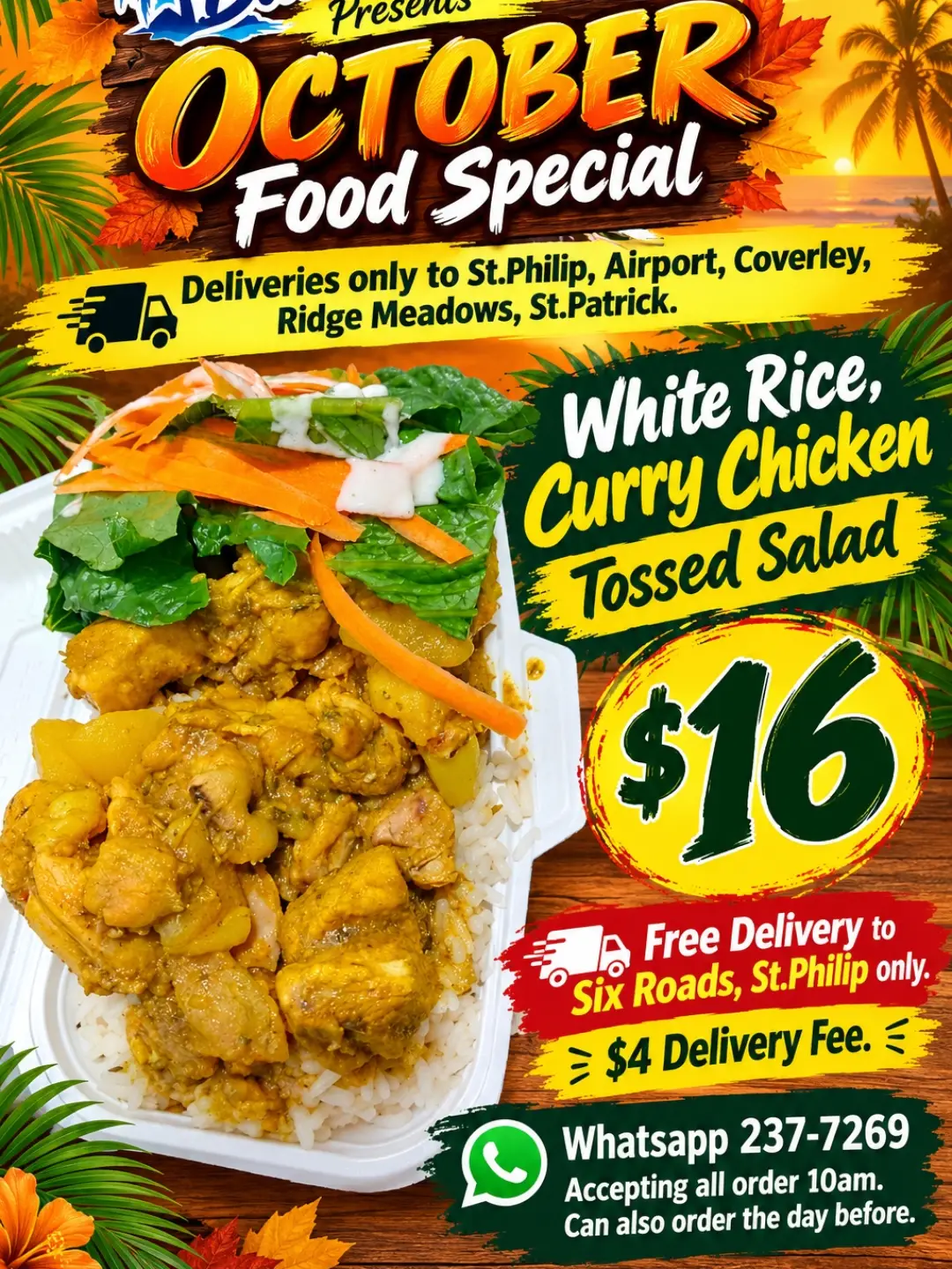 October Food Special: Curry Chicken, White Rice & Tossed Salad $16