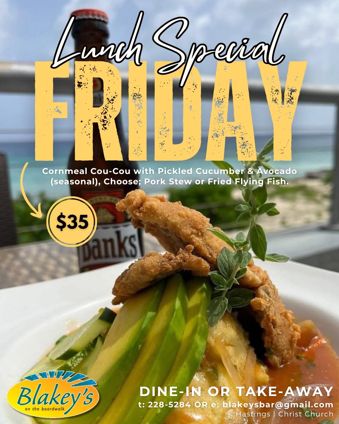 Friday Lunch Special – Cornmeal Cou-Cou with Pork Stew or Fried Flying Fish for $35