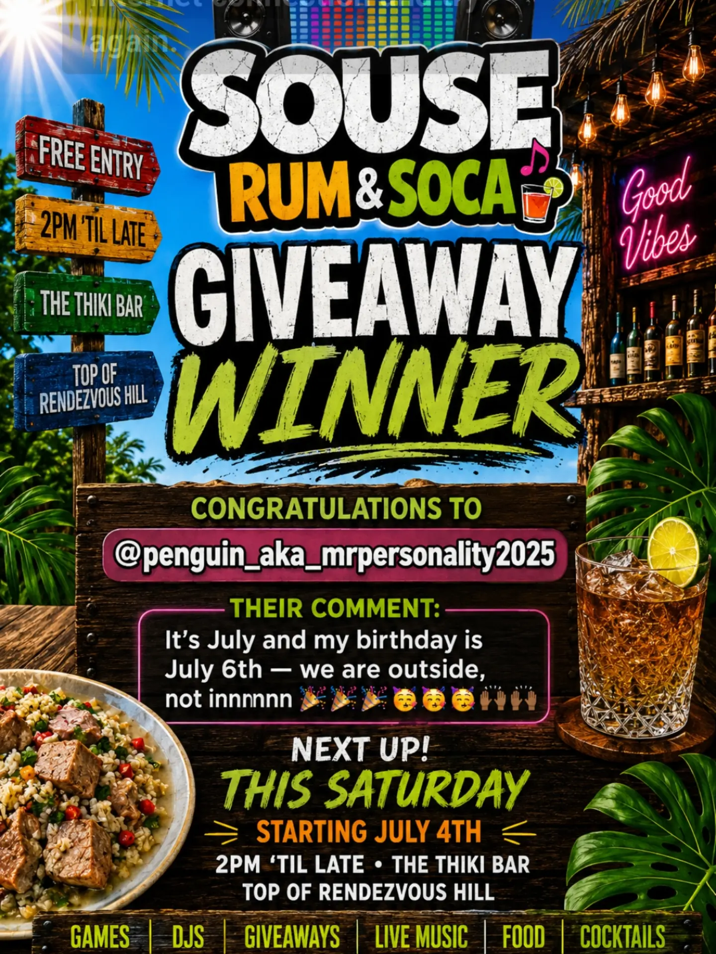 Souse, Rum & Soca – Free Entry Every Saturday at The Thiki Bar