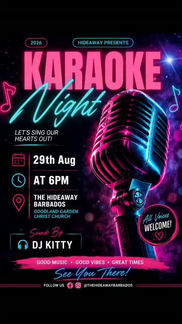 Karaoke Night at The Hideaway Barbados – Saturday 29th August
