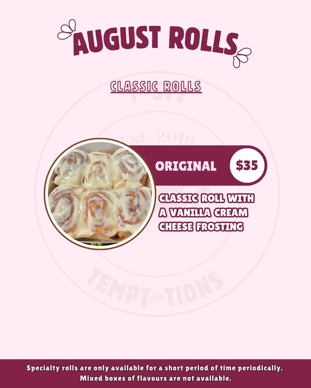 August Rolls Menu – Classic & Specialty Cinnamon Rolls from $35