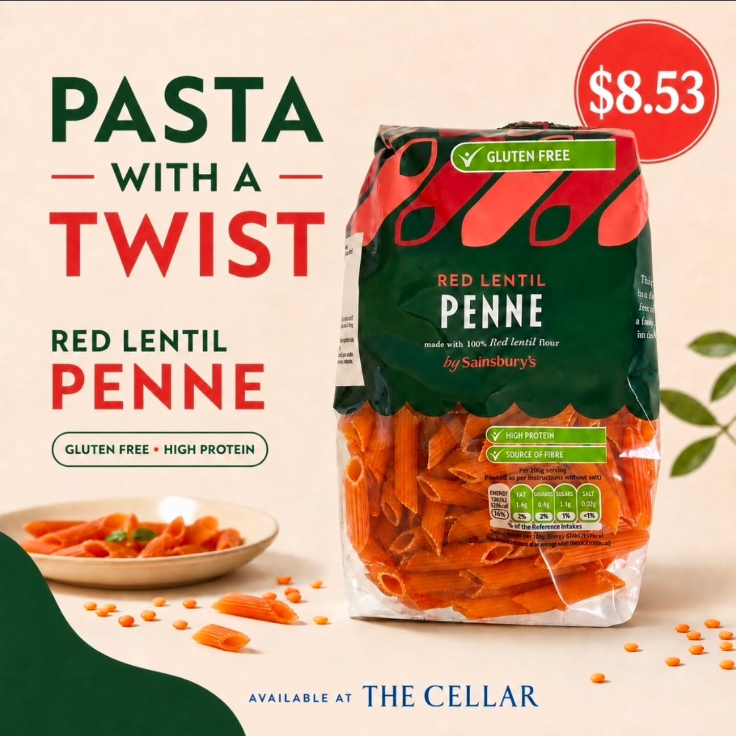Sainsbury's Red Lentil Penne – Gluten-Free Pasta at $8.53