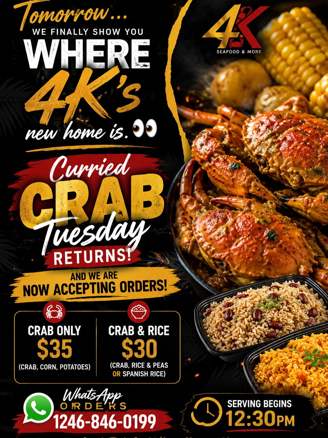 Curried Crab Tuesday Returns – Crab Only $35 or Crab & Rice $30