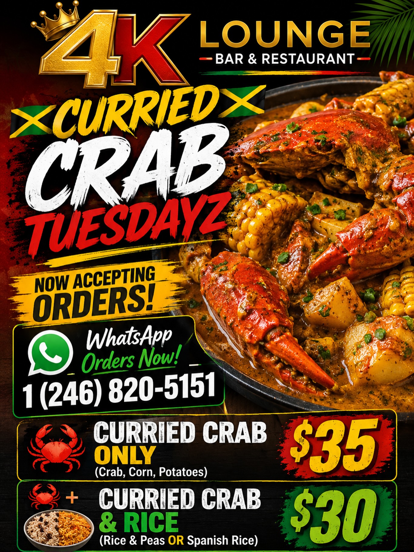 Curried Crab Tuesdayz at 4K Lounge – from $30