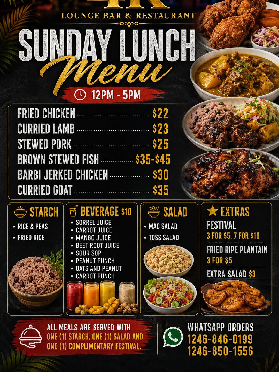 4K Lounge Sunday Lunch Menu – 12PM to 5PM