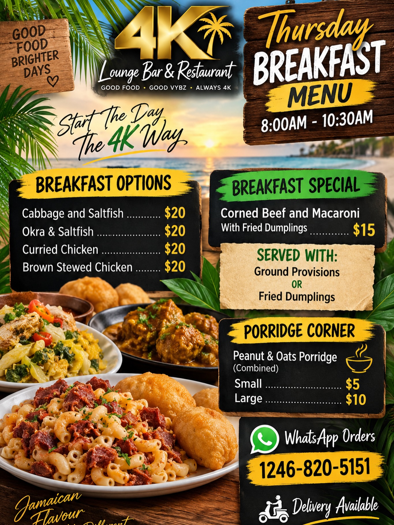 4K Lounge Thursday Breakfast Menu – Specials from $5
