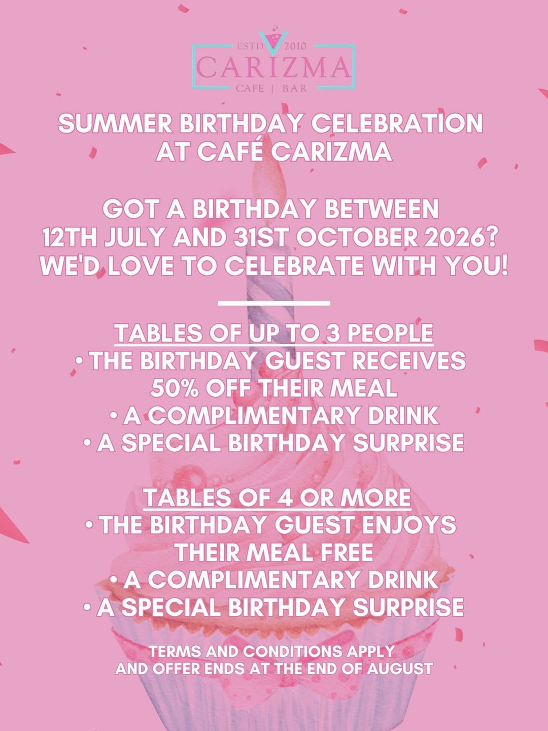 Summer Birthday Celebration at Café Carizma – 50% Off or Free Meal for Birthday Guests