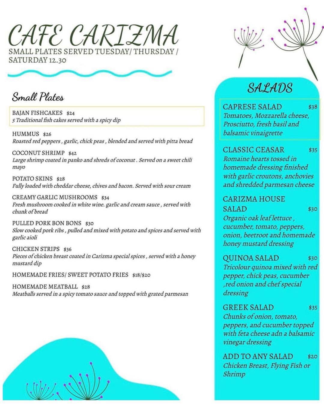 Cafe Carizma Small Plate Lunch Menu – Tues, Thurs & Sat from 12:30PM