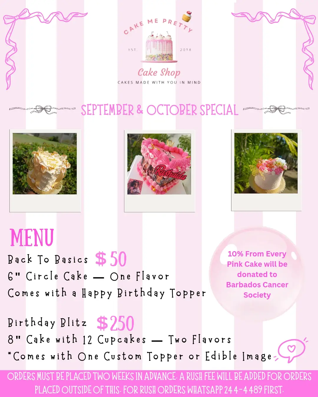 Cake Me Pretty September & October Birthday Special – Pink Cakes with 10% Donated to Barbados Cancer Society