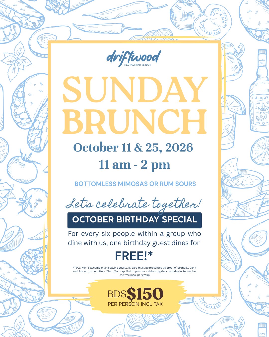 Sunday Brunch with Bottomless Mimosas or Rum Sours + October Birthday Special