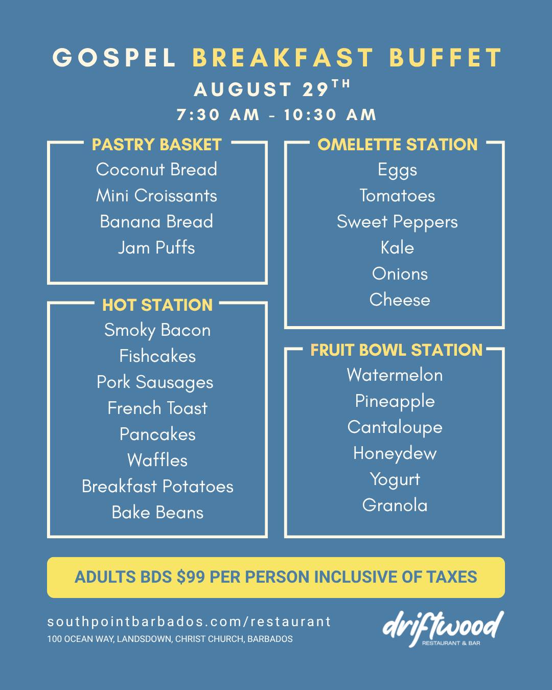 Gospel Breakfast Buffet – August 29th at Driftwood Restaurant & Bar