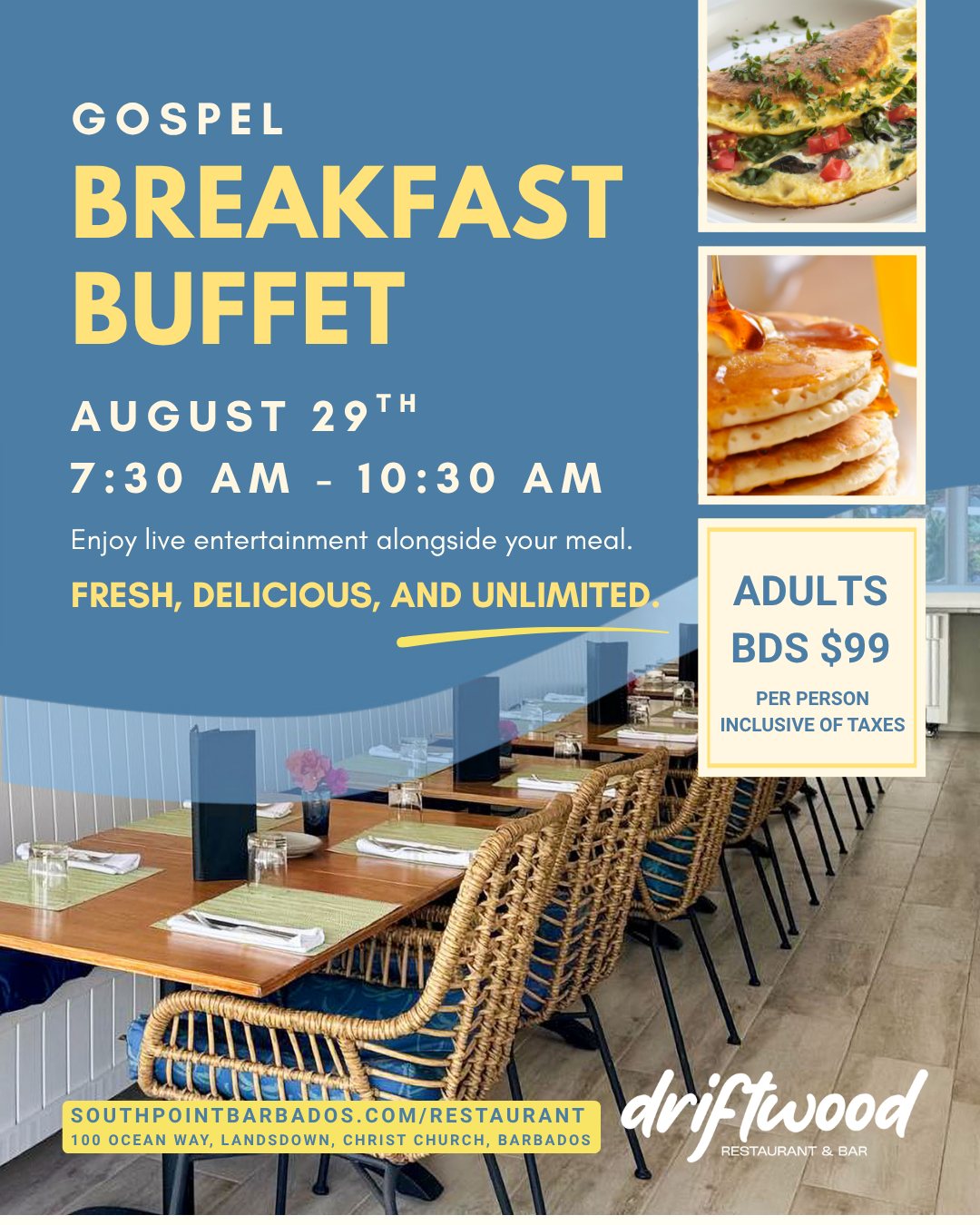 Gospel Breakfast Buffet – August 29th at Driftwood Restaurant & Bar