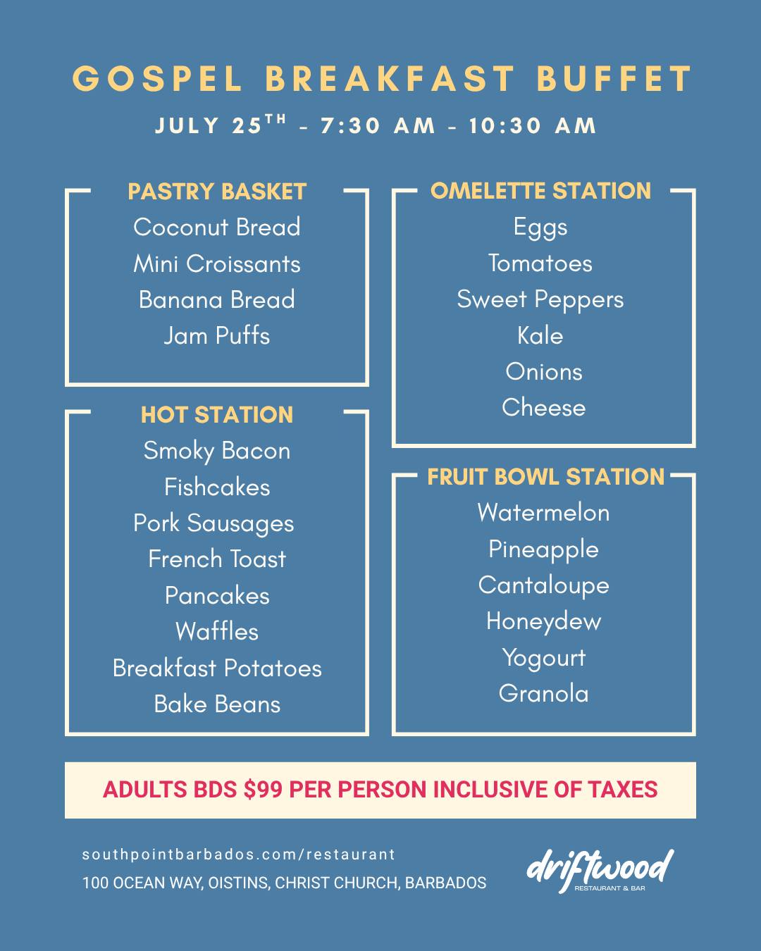 Gospel Breakfast Buffet at Driftwood Restaurant & Bar – BDS $99/Adult