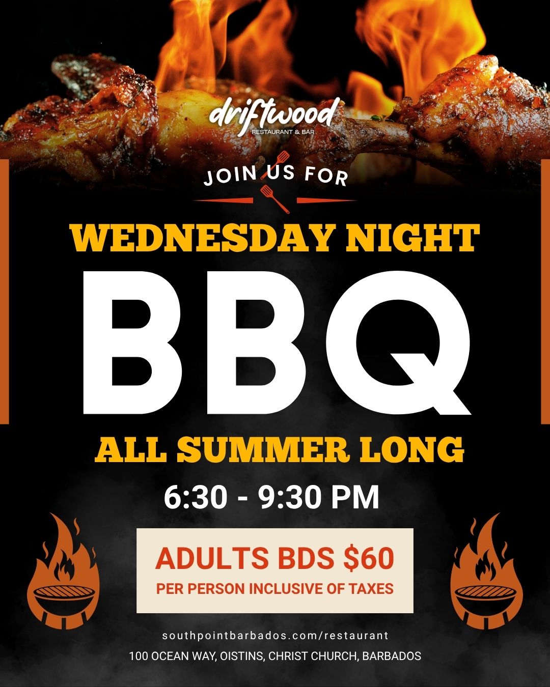 Wednesday Night BBQ at Driftwood Restaurant & Bar – BDS $60 All Summer Long