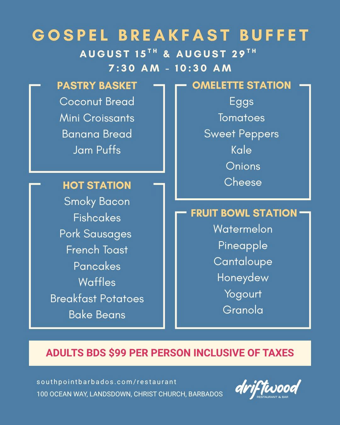 Gospel Breakfast Buffet at Driftwood Restaurant & Bar – BDS $99 per Adult