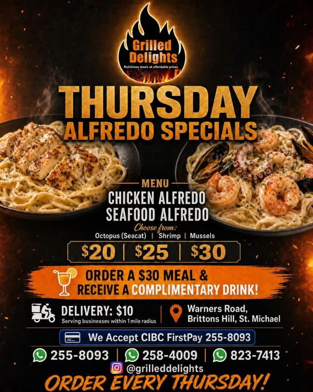 Thursday Alfredo Specials – Chicken & Seafood Alfredo from $20 + Free Drink on $30 Orders