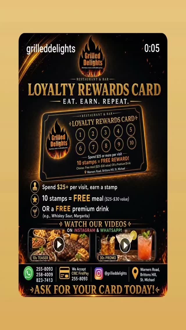 Grilled Delights Loyalty Rewards Card – Earn Stamps, Get Free Meals or Drinks