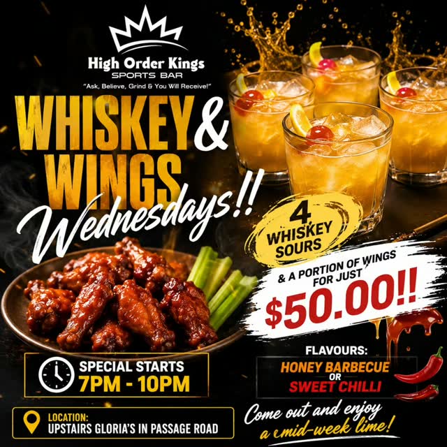 Whiskey & Wings Wednesdays – 4 Whiskey Sours & Wings for $50