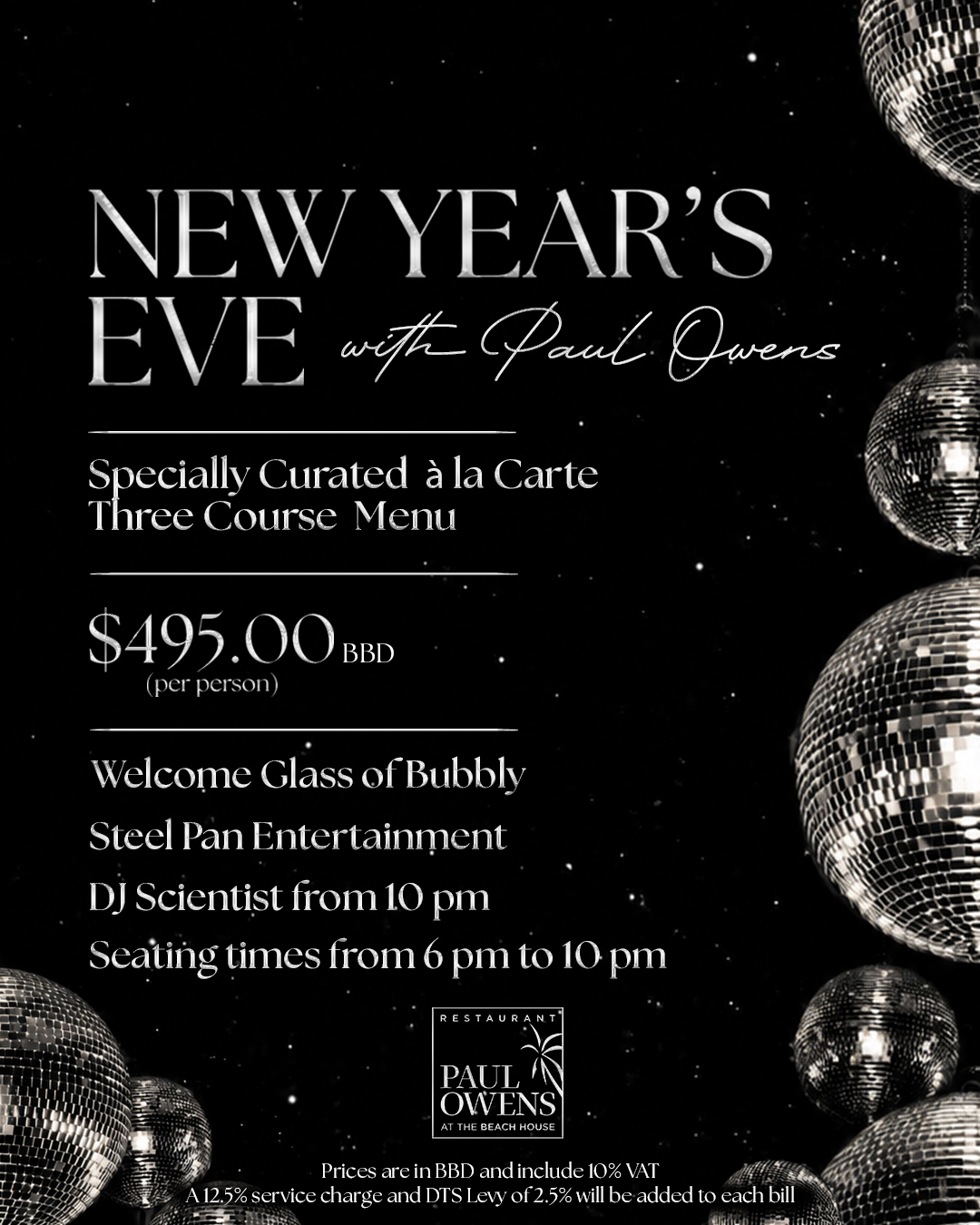 New Year's Eve Dinner with Paul Owens – 3-Course Menu at $495 BBD